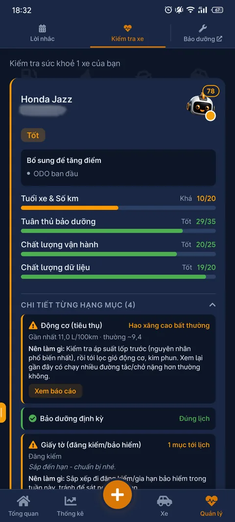 Màn hình kiểm tra sức khoẻ và tình trạng xe