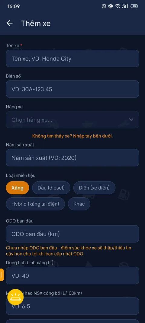 Form Thêm xe với tên xe, biển số, hãng xe, năm sản xuất, loại nhiên liệu, ODO ban đầu
