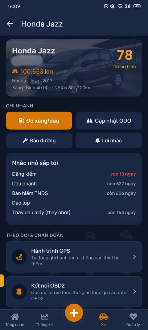 Trang chi tiết Honda Jazz sau khi thêm xe thành công, với các nút Ghi nhanh