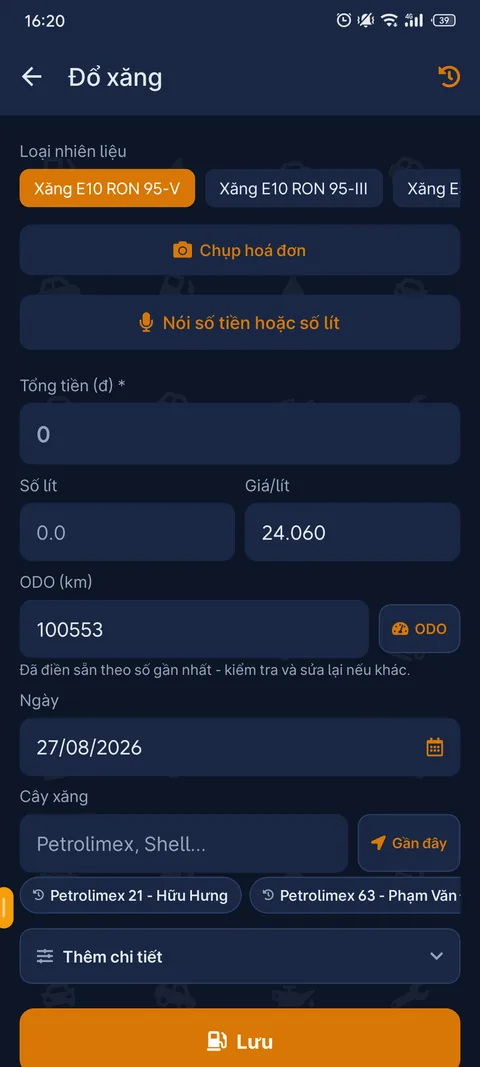 Màn hình Đổ xăng đã điền số lít, giá tiền và trạm bơm