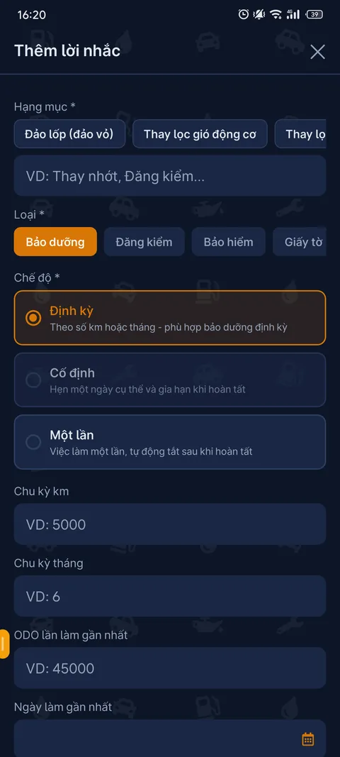 Màn hình tạo Nhắc nhở đã chọn mốc số km hoặc ngày