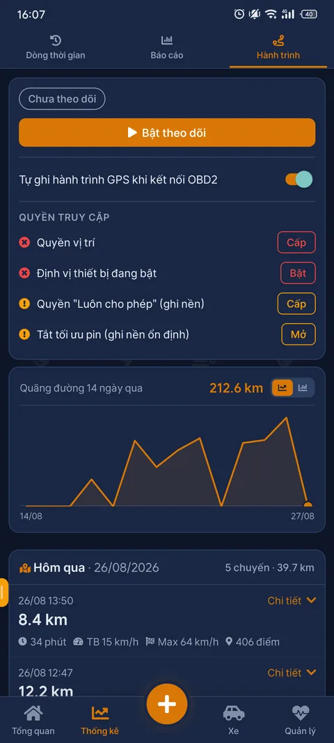 Hành trình GPS tự ghi khi kết nối OBD2, kèm biểu đồ quãng đường 14 ngày